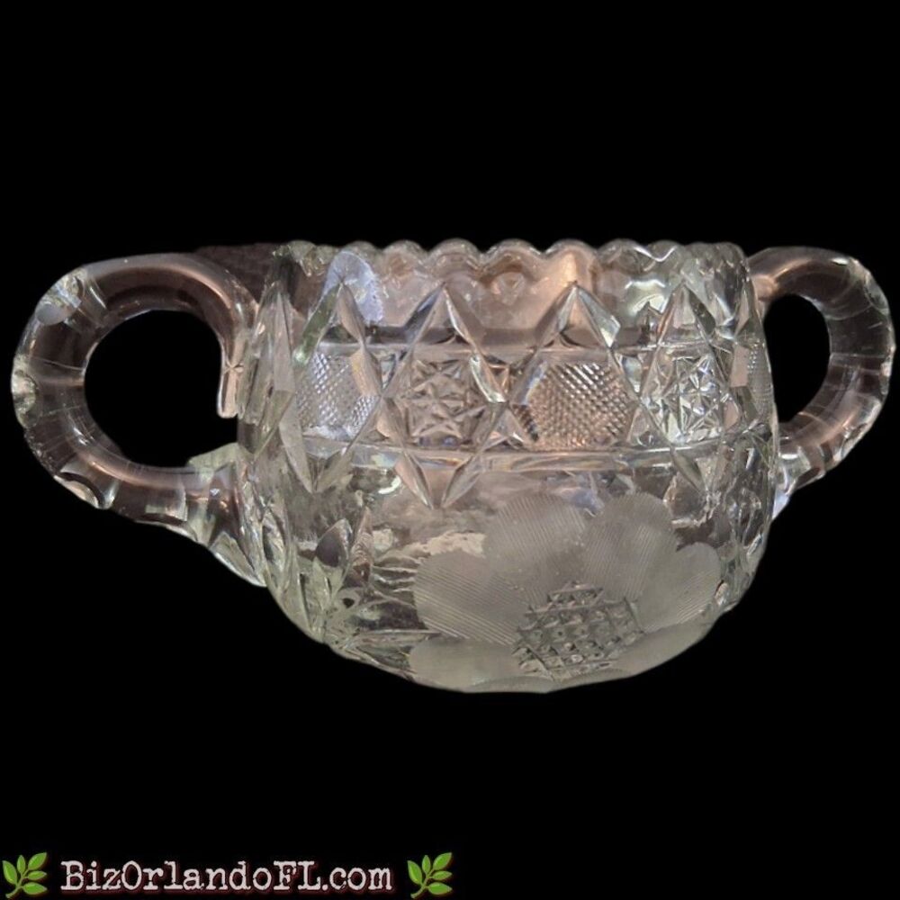 VINTAGE: American Brilliant Period (ABP) Cut Glass Sugar Bowl w/ Etched Flowers